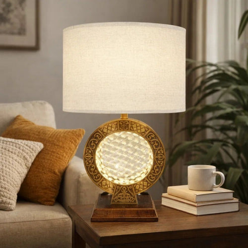 Table Lamp | Floating Crystal Core | White Shade | 28" Antique Brown