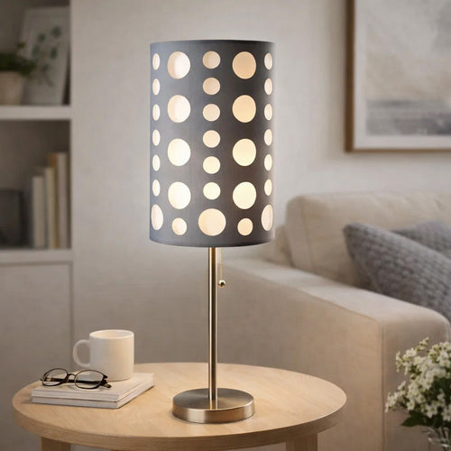 Table Lamp | Gray & White Dual Fabric Shade | Retro Cut Out Rings | 30"