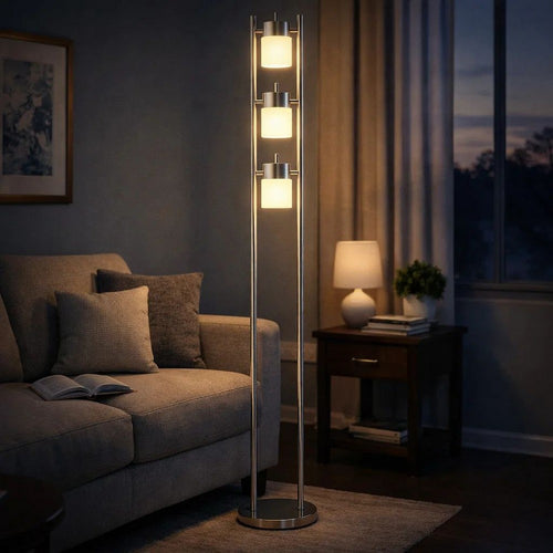 Floor Lamp with 3 Frosted White Shades | 65" Chrome Dual Pole Body