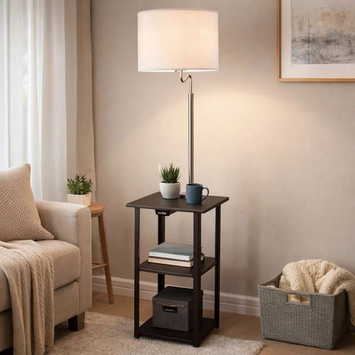 Accent Table Lamp with Shelves & USB Ports | 58" | White Drum Shade