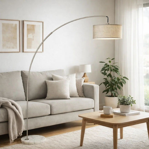 Accent Arch Floor Lamp | 78" | Hanging White Drum Shade | Marble Base