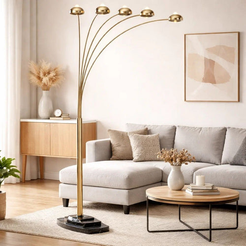 Keny 84" Floor Lamp | 5 Adjustable Cap Style Heads | Gold Metal