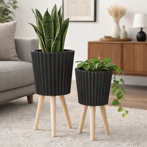 Indoor Outdoor Ridged Planter Set of 2 | Black & Brown Wood Legs