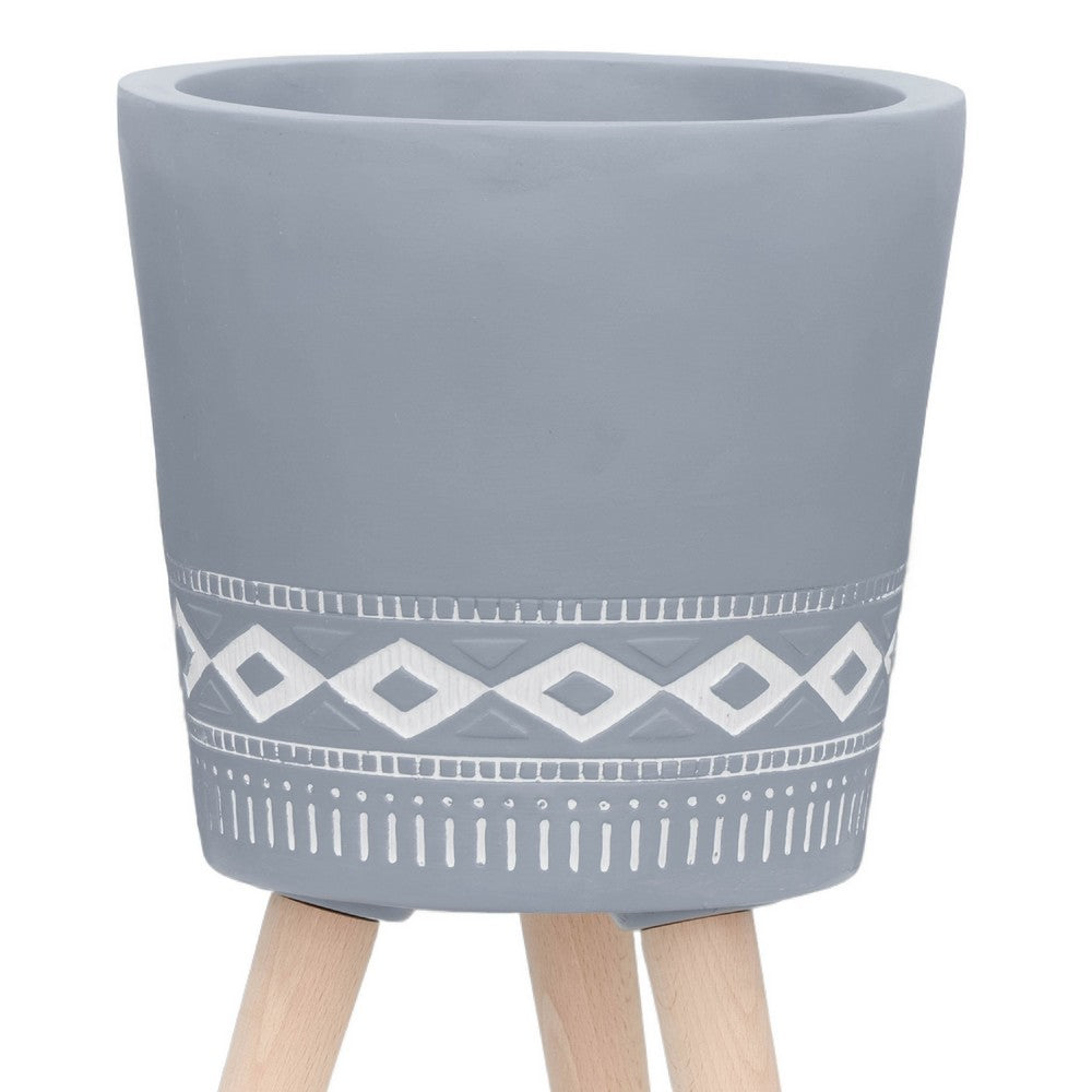 Indoor Outdoor Planter Set of 2 | Gray Diamond Art | Brown Wood Legs