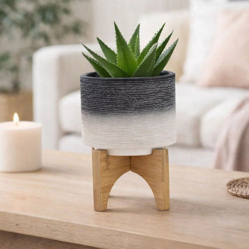 Indoor Planter with Natural Brown Wood Stand | 6" Gray Ceramic