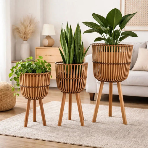 Set of 3 Flower Planters on Tripod Stands | Brown Bamboo Netting Weave