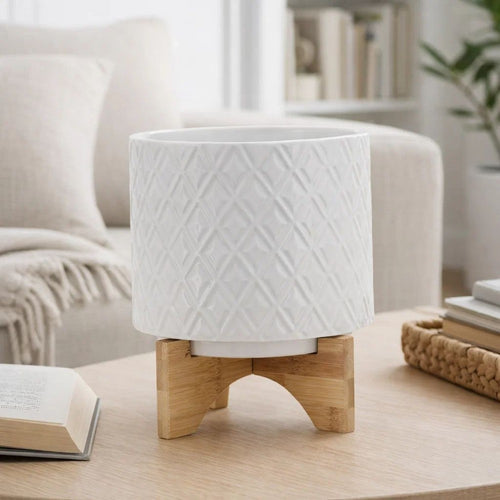 Jeny Flower Planter Pot on Wood Stand | White Diamond Ceramic 8"