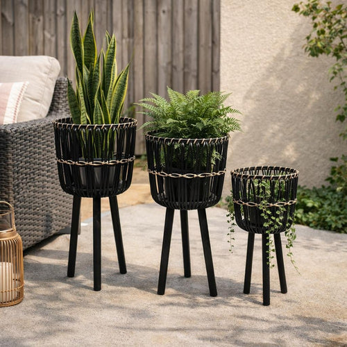Mesy Set of 3 Planters on Legs | Black Bamboo Weave Design 11/13/15"