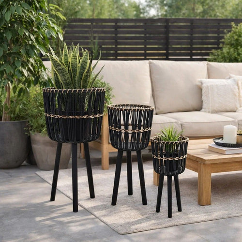 Mesy Flower Planter on Tripod Set of 3 | Black Bamboo Net Weave 11/13/15"