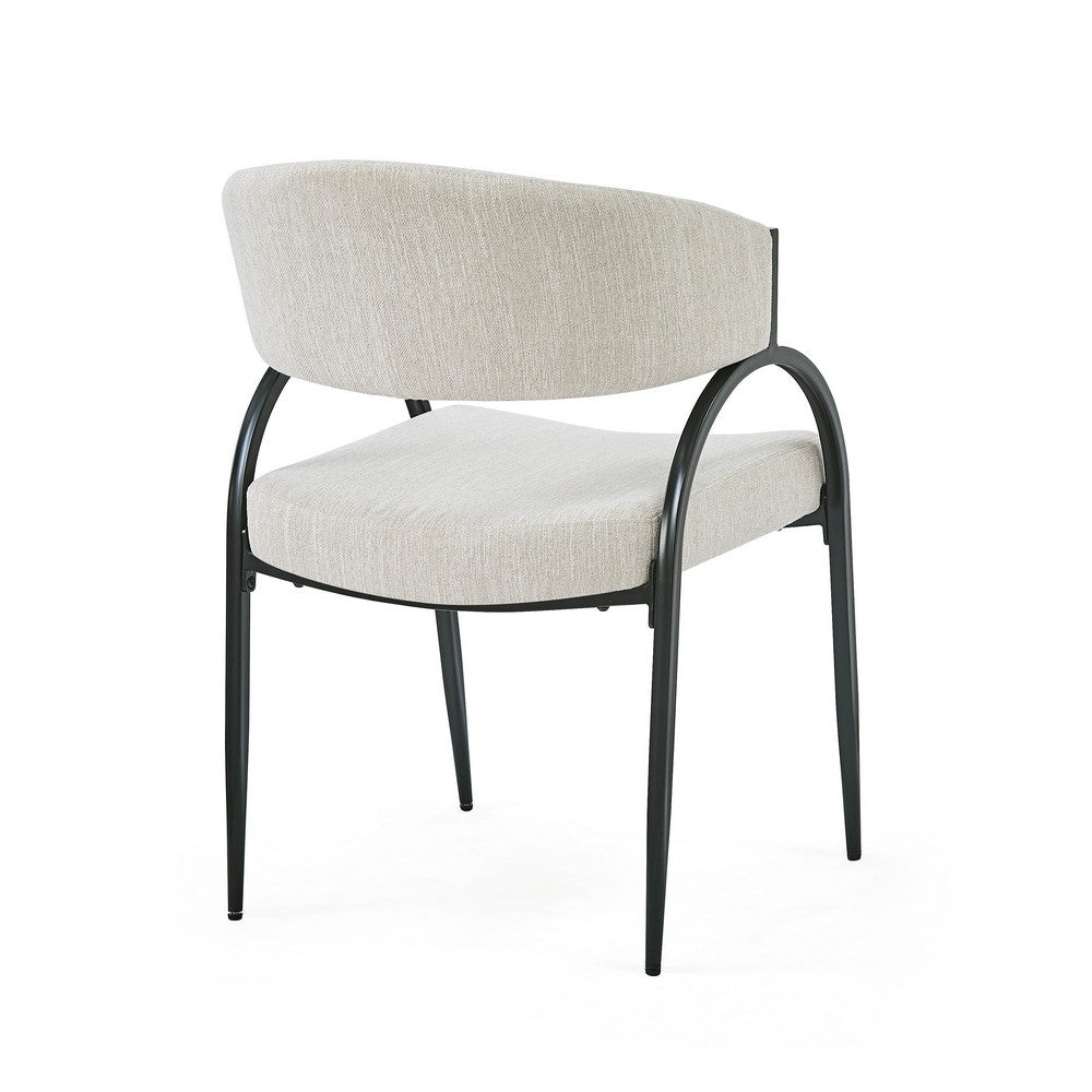 Dining Chair Set of 2 | Beige Fabric Cushions | Arched Black Metal Legs