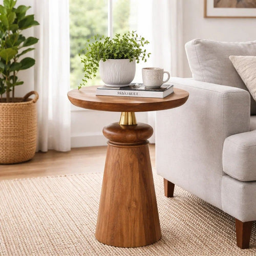 Side End Table | 17" Round Top | Pedestal w Gold Accent | Brown