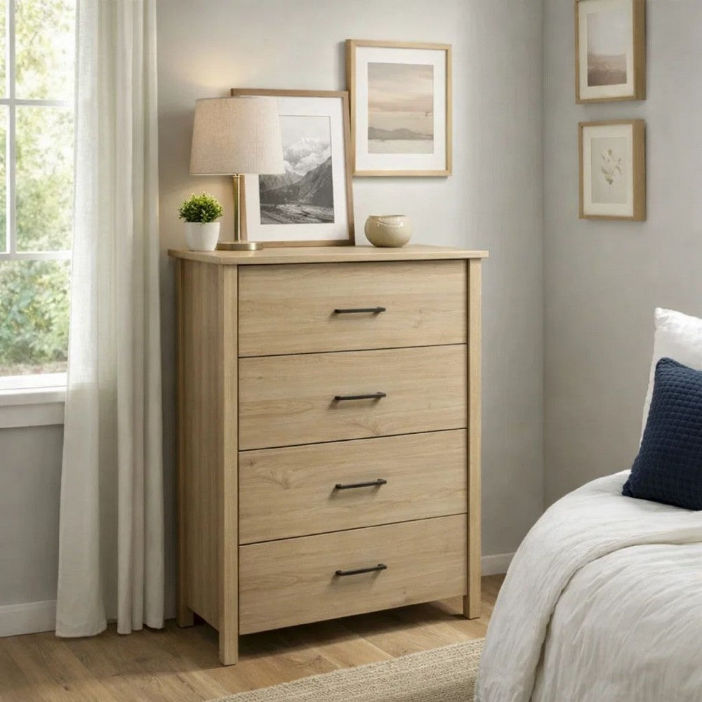 Kele Tall 4 Drawer Dresser Chest, Black Handles, Light Oak Brown Wood Benjara Color: Light Oak Brown