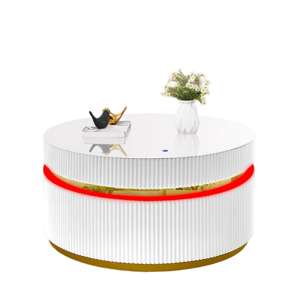 Tavi Coffee Table | 39" Round Glass Top & LED Lit Gold Brim | White