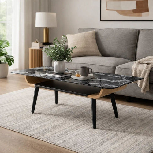 Nue Coffee Table | 47" 3D Printed Glass Marble | Curved Shelf | Black