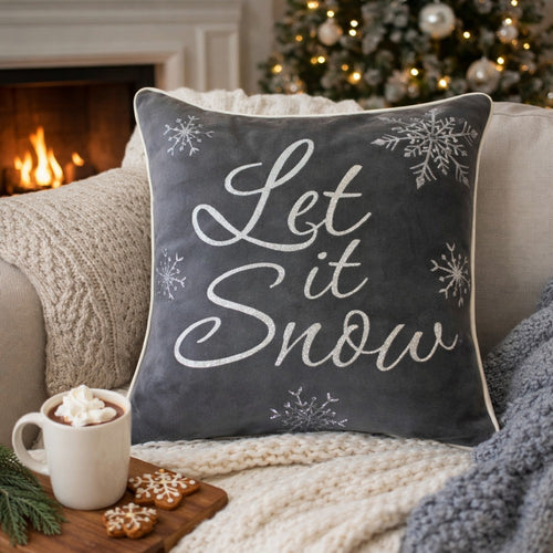 Rola Square Throw Pillow | Let It Snow Embroidery | Gray Cotton 20"