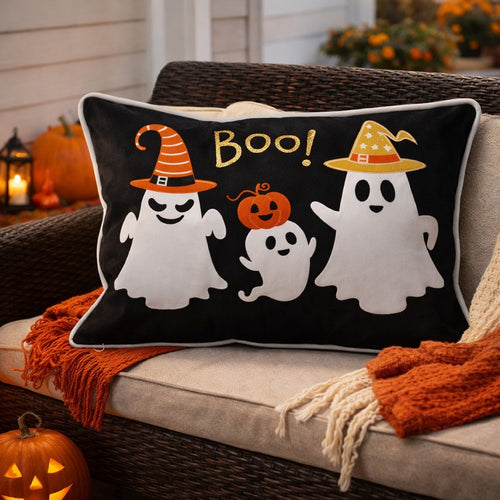 Vobo Lumbar Pillow | Ghost | Pumpkin | & Boo Embroidery | Black Velvet 14x20