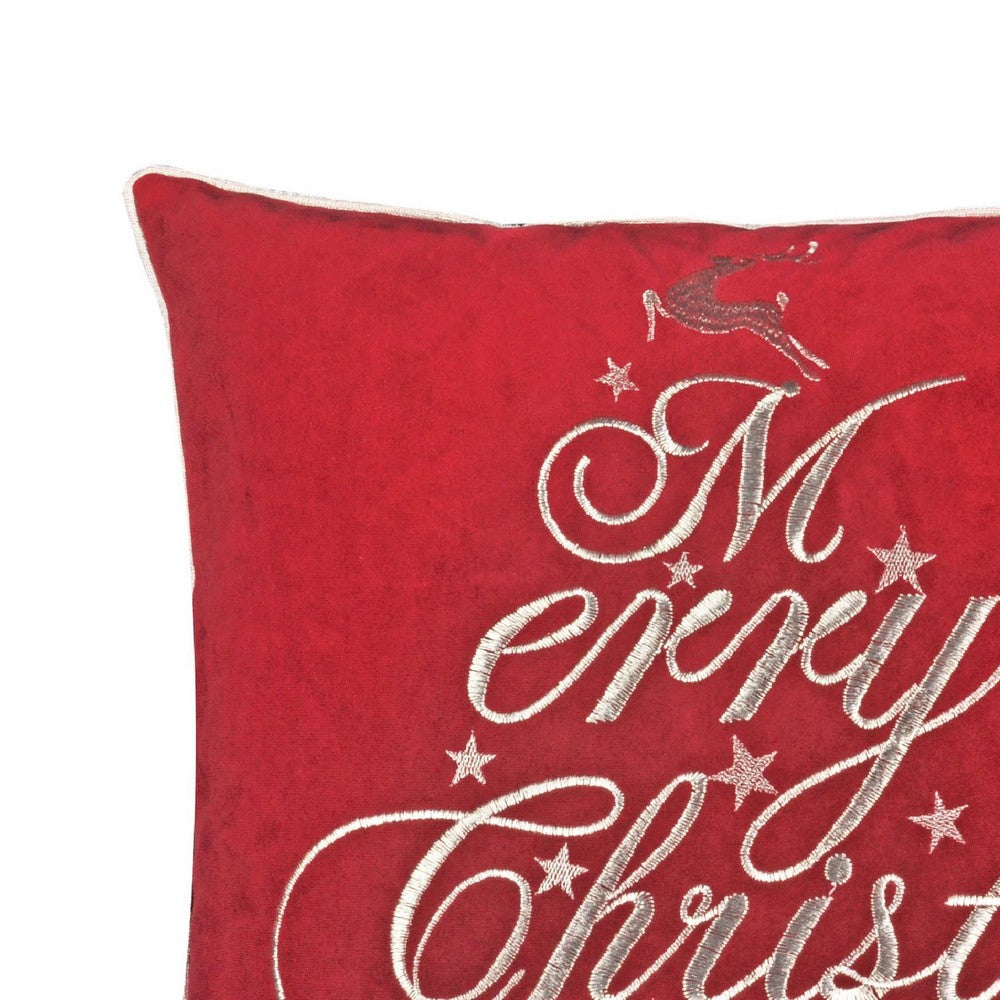 Aure Square Throw Pillow | Merry Christmas Embroidery | Red Velvet 20"