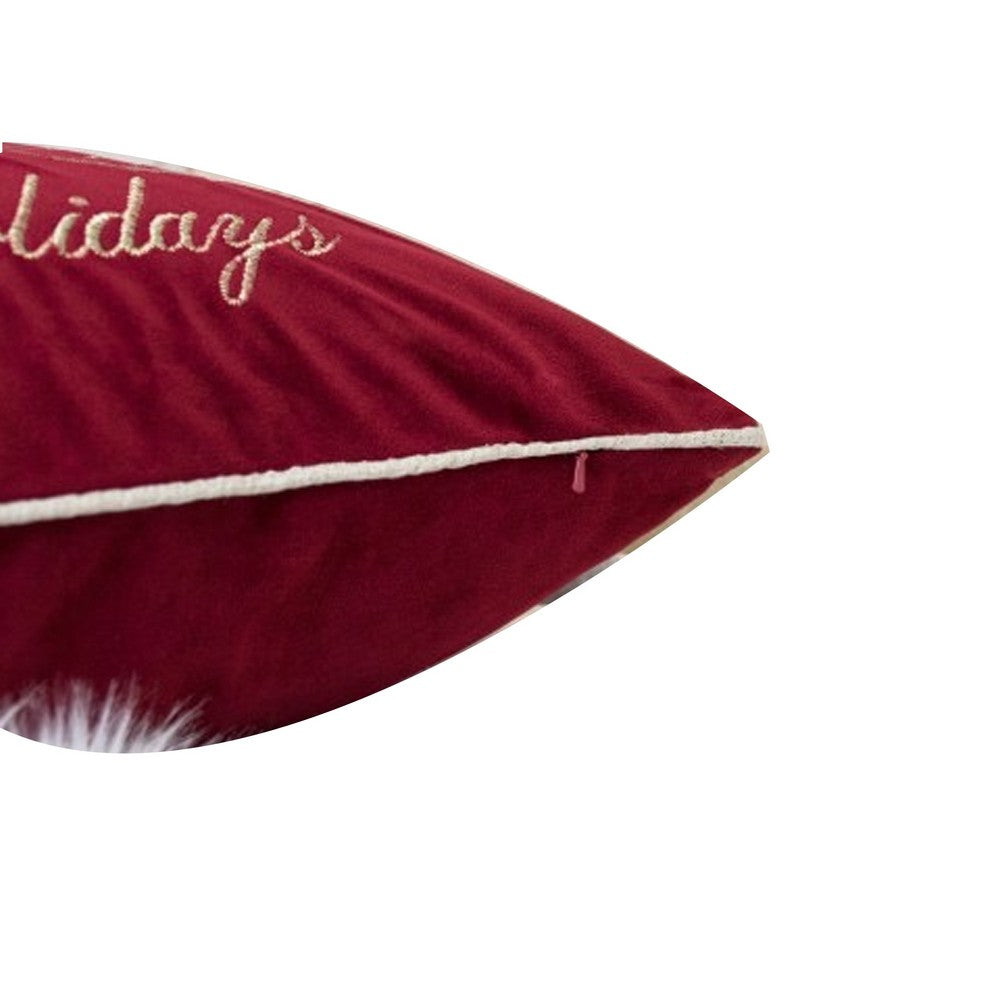Aure Square Throw Pillow | Happy Holidays Embroidery | Red Velvet 20"