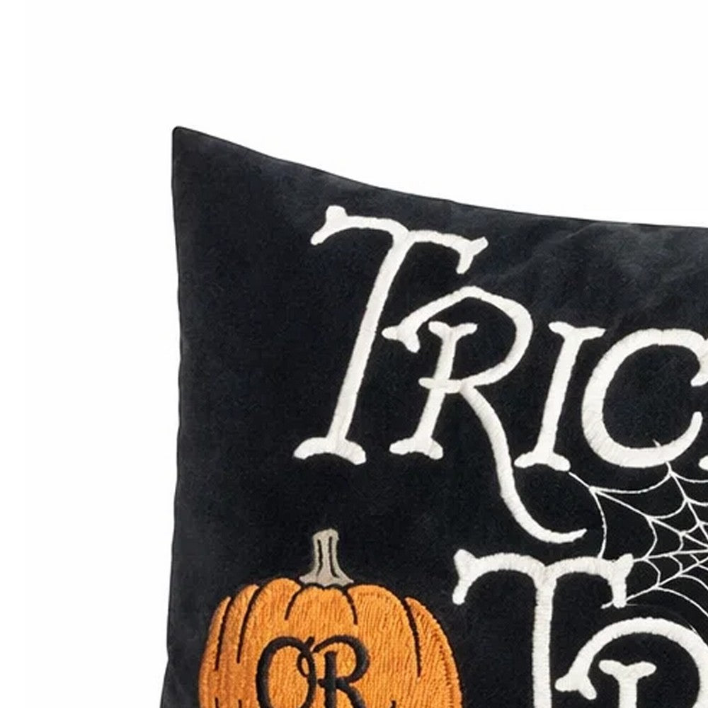 Teya Lumbar Pillow | TRICK OR TREAT Embroidery Pumpkin | Black Velvet 14x20