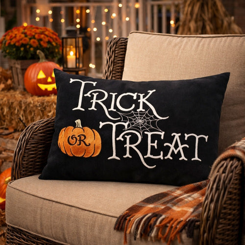 Teya Lumbar Pillow | TRICK OR TREAT Embroidery Pumpkin | Black Velvet 14x20
