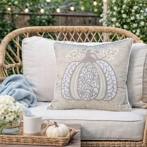 Niva Square Throw Pillow | Lace Embroidered Pumpkin | Linen-Blend Taupe 20"