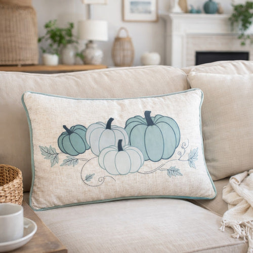 Niva Lumbar Pillow | Blue Embroidered Pumpkin | Ivory Cotton-Blend 14x20
