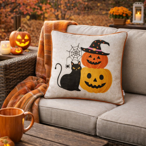 Square Throw Pillow | Cat & Pumpkin Stack | Ivory Linen-Like Fabric 20"