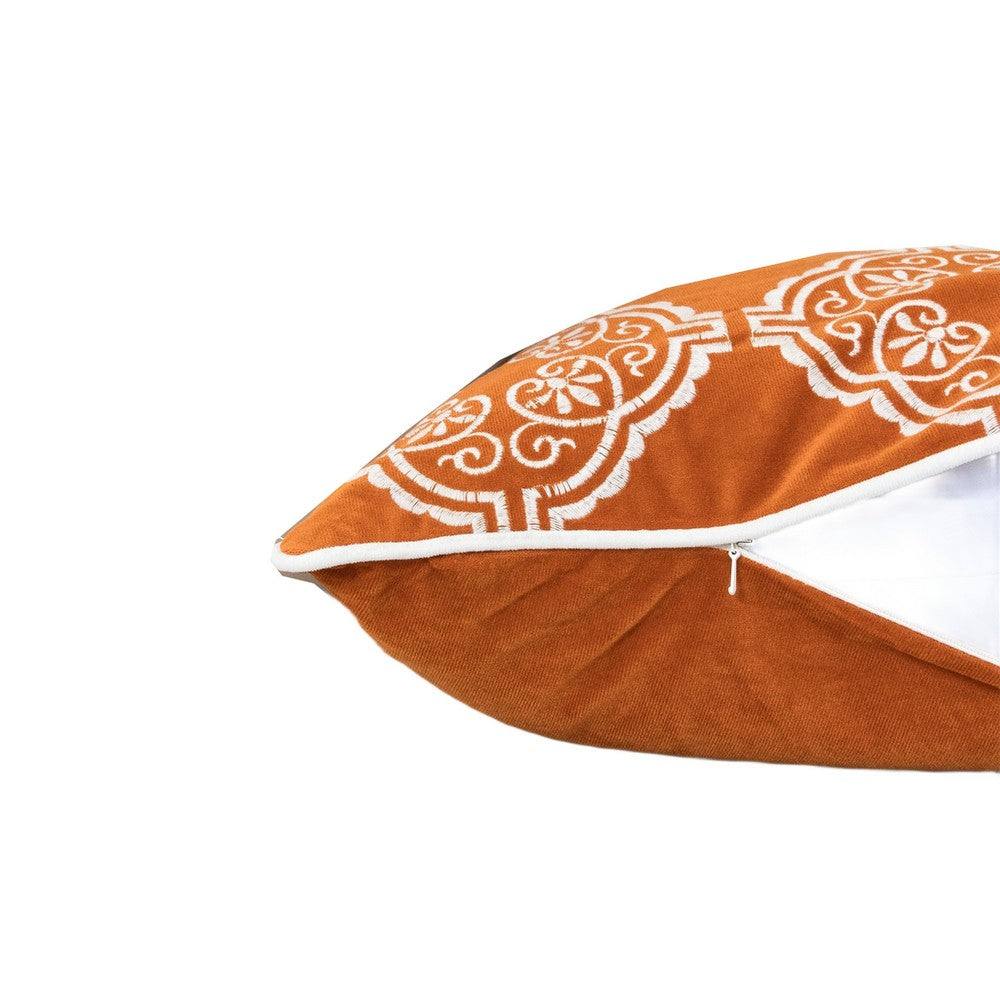 Niva Square Throw Pillow | Damask Embroidery | Burnt Orange Velvet 20"