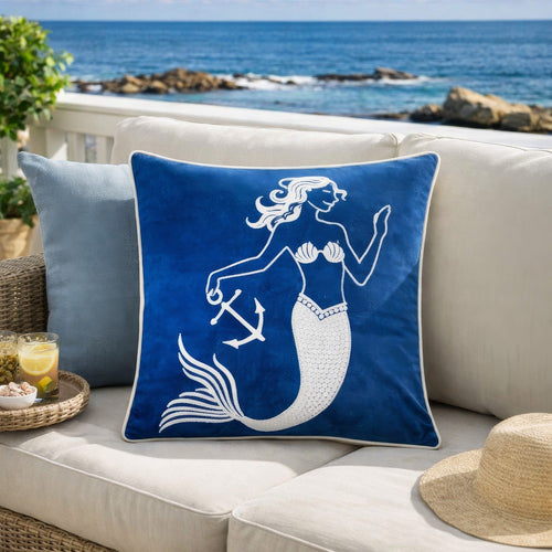 Niva Square Throw Pillow | Embroidered White Mermaid | Blue Velvet | 20"