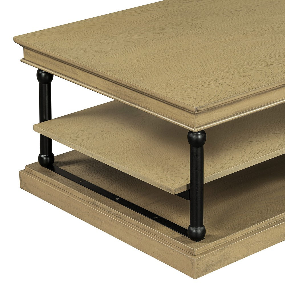 Bard Coffee Table | 55" Brown Veneer | 2 Tier Shelves | Black Metal Legs