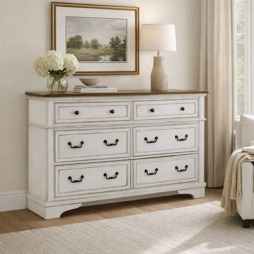 Bely Wide Dresser | 6 Drawers w Classic Pilasters | Bronze | White | Brown
