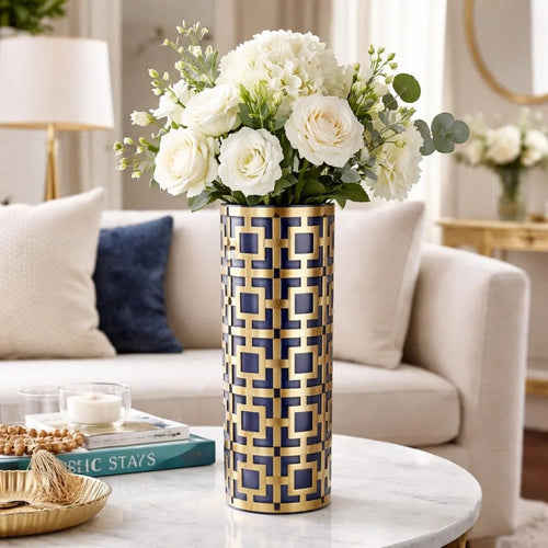 Flower Vase for Tabletop Decor | Geometric Gold & Blue Accent | 16"