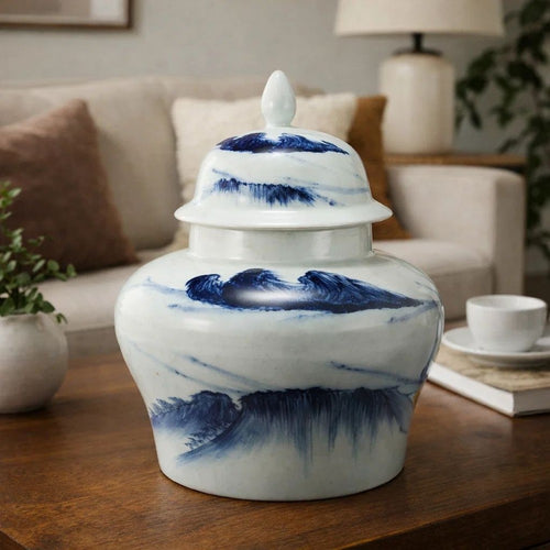 Decorative Ginger Jar with Lid | 17" White & Blue Porcelain