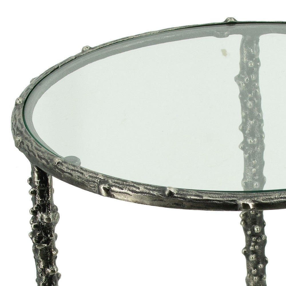 2pc End Table Set | Round Glass Top | Forged Antique Silver Metal Finish