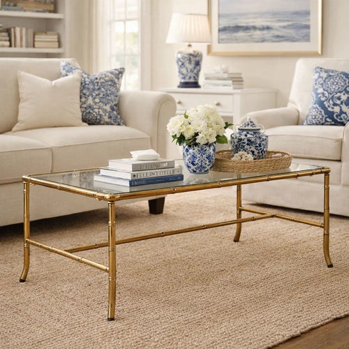 Coffee Table | 36" Rectangular Glass Top | Antique Gold Iron Frame