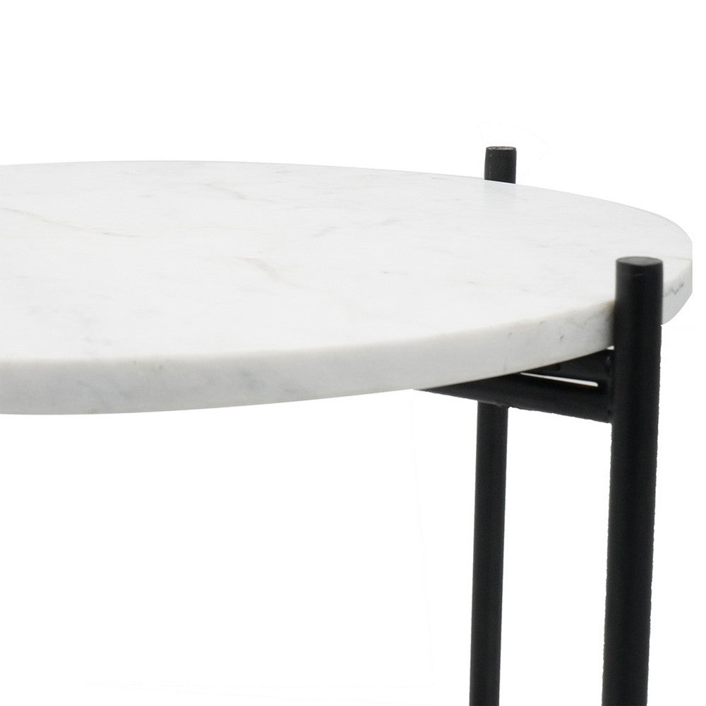 Azik Accent Table | 16" Round White Marble-Look Glass Top | Black Iron