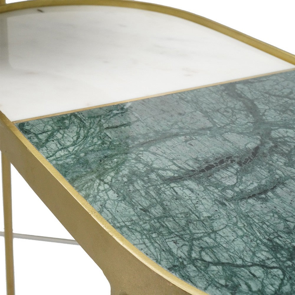 2pc Nesting Table Set | Marble Inlay Oval Top in White & Green | Gold Iron