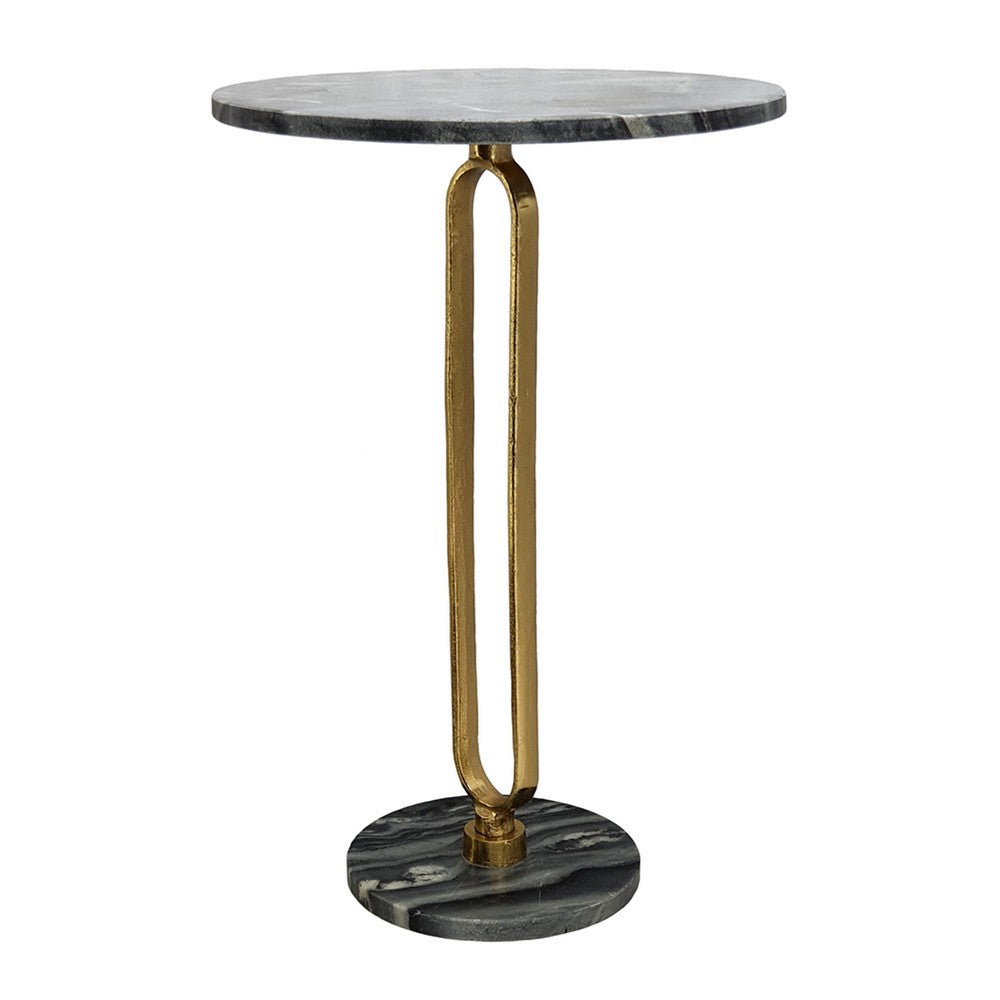Side End Table | 16" Round Marble Top | U-Shaped Gold Metal Stem | Black