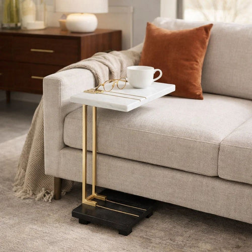 Dani Side End Table | 13" Square Top | C Shape | White & Black Marble