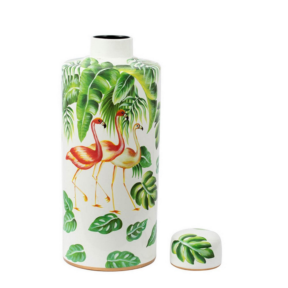 Jesu Decorative Botanical Flamingo Jar | White Green Porcelain | 18"