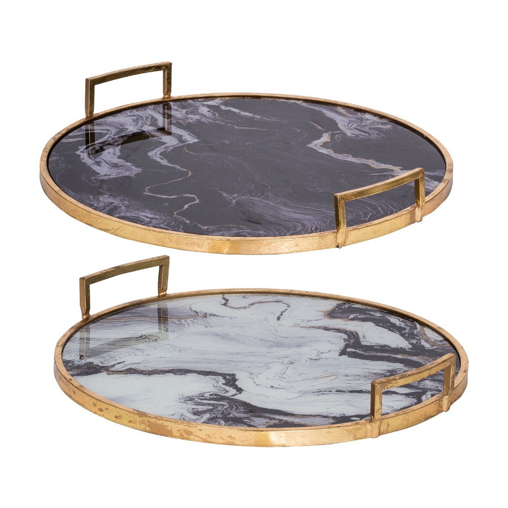 Set of 2 Decorative Trays w Handles | Black White Faux Marble Print | Gold