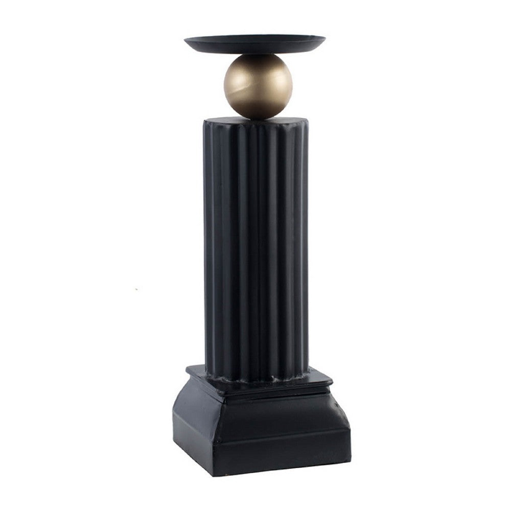 Lemo Candle Holder | Gold Sphere Accent | 15" Black Iron Column Pillar