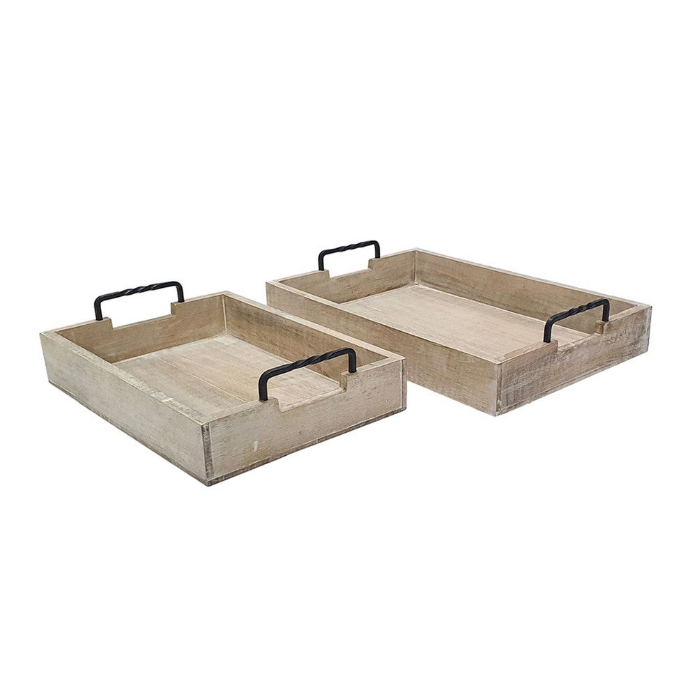 Rustic Accessory Tray Set of 2 | Black Iron Handles | Natural Beige