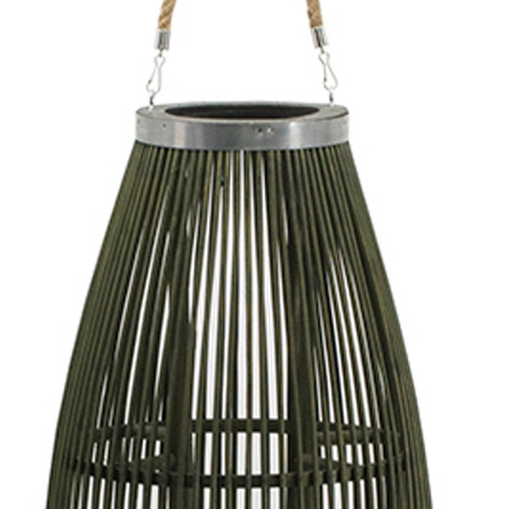 Prish Tall Lantern | Glass Insert | 33" Green Bamboo Frame | Hemp Rope