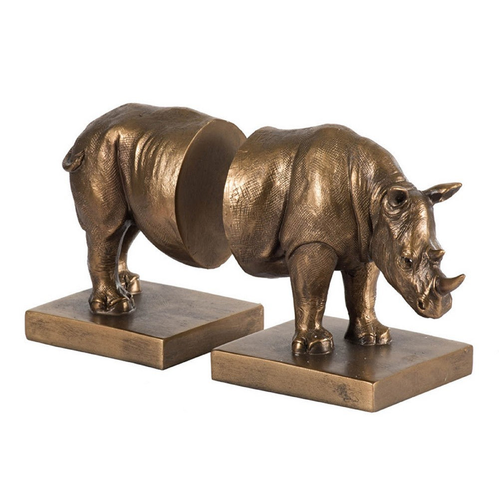 Nimy Decorative Bookend Set of 2 | Jungle Rhinoceros | Bronze Polyresin