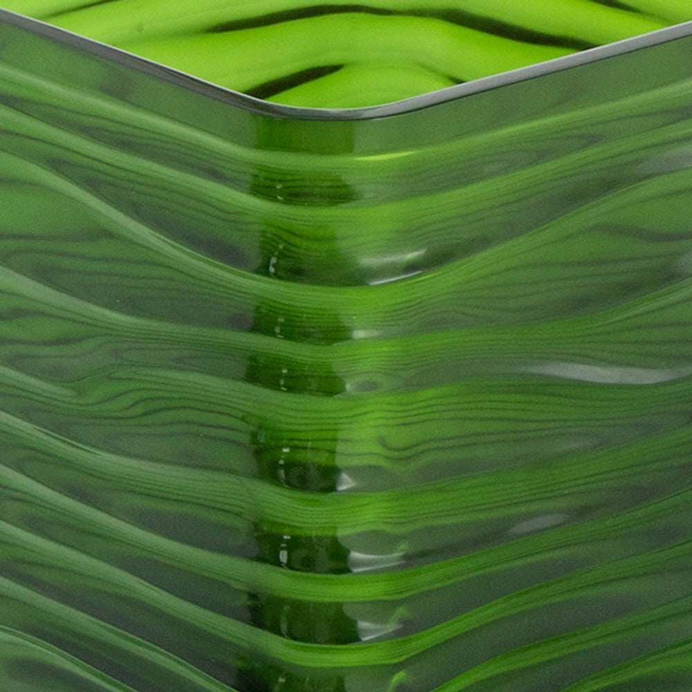Decorative Vase | Square Shaped Rippled Texture | Green Resin 9"