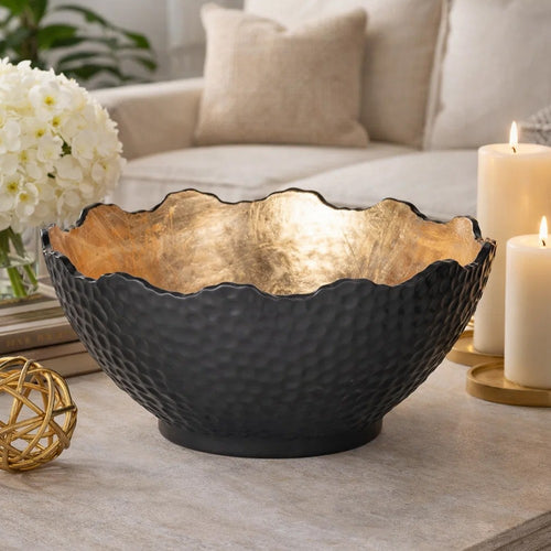 Decorative Bowl | Lotus Leaf Rim | Hammered Gold & Black Stoneware 10"