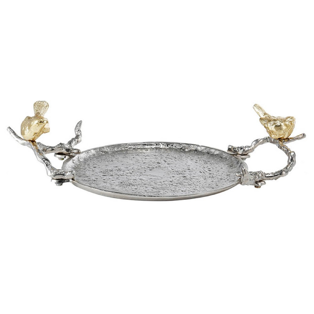 Vada Decorative Tray | Aluminum Disc | Silver Branch Handles w Birds | 14"