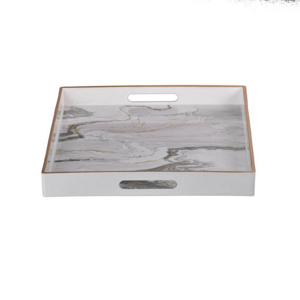 Fara Rectangular Tray Set of 2 | Marble Design | Cutout Handle White Plastic