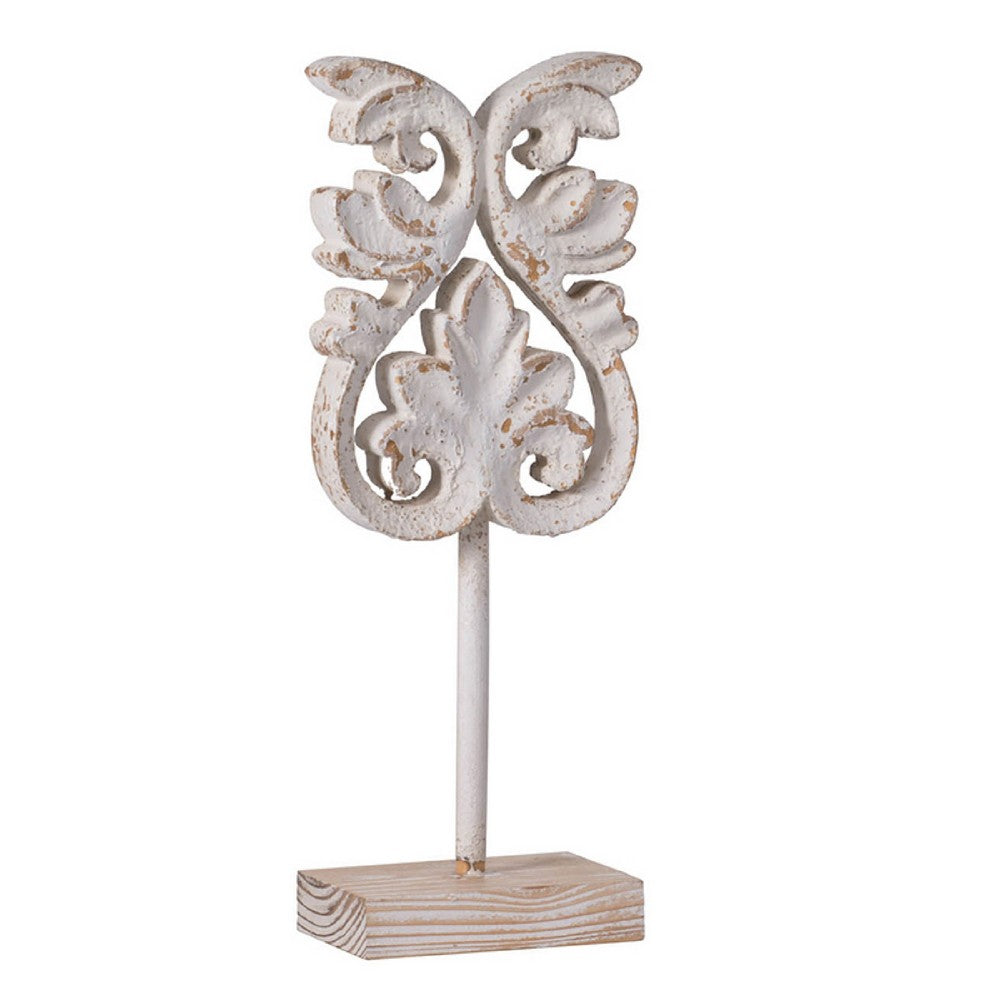 Awan Tabletop Decor | Fleur Scrollwork w Base Stand | White & Brown Wood 17"